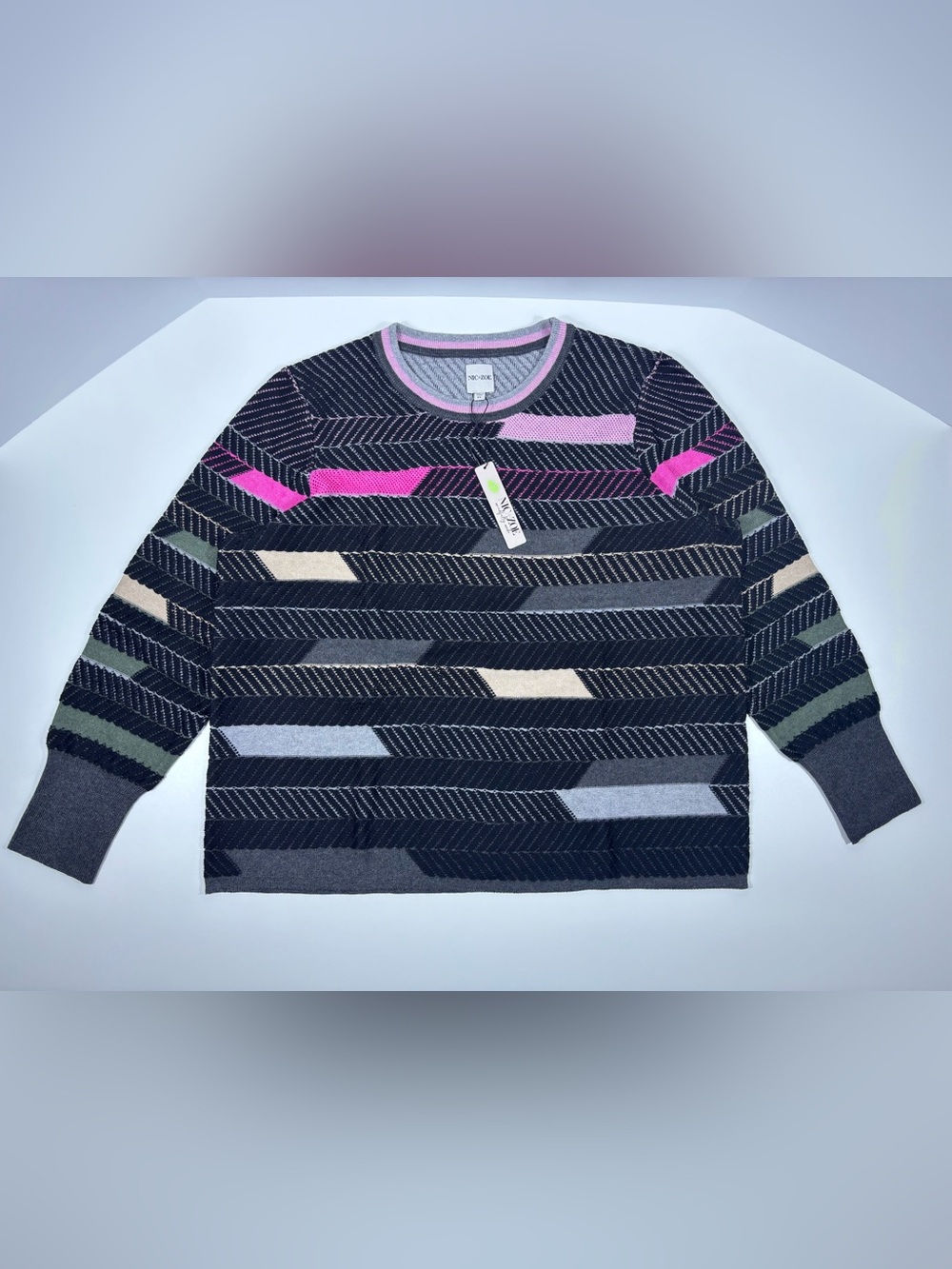 NIC+ZOE Geometric Stripe Cotton Blend Crewneck Sweater Pink Multi XL NWT